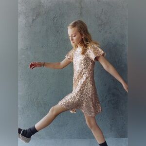 Size 10 ZARA Kids Gold Sequin Dress Short Sleeve Formal Holiday Party Gold sheer